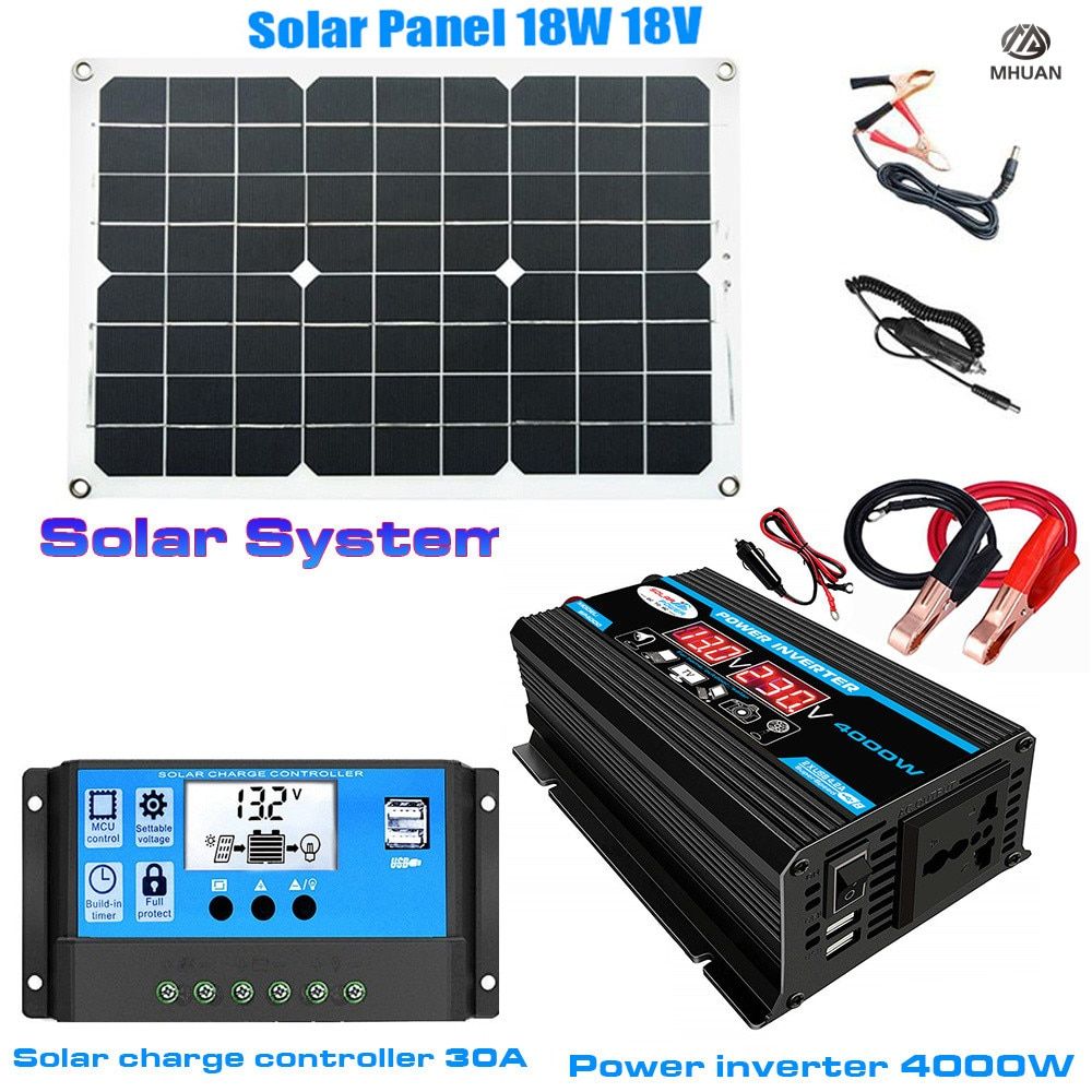 System Solar Power Inverter 12v To 220v 110v Peak Power 4000W Converter + Solar Panel 18w+30A