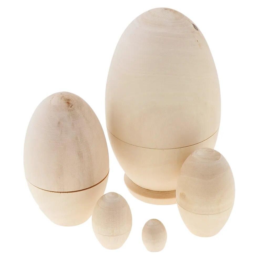 Set of 5 Unpainted Blank Wooden Nesting Dolls (Egg Shaped), DIY Matryoshka Babushka Dolls, 4.53 Inches