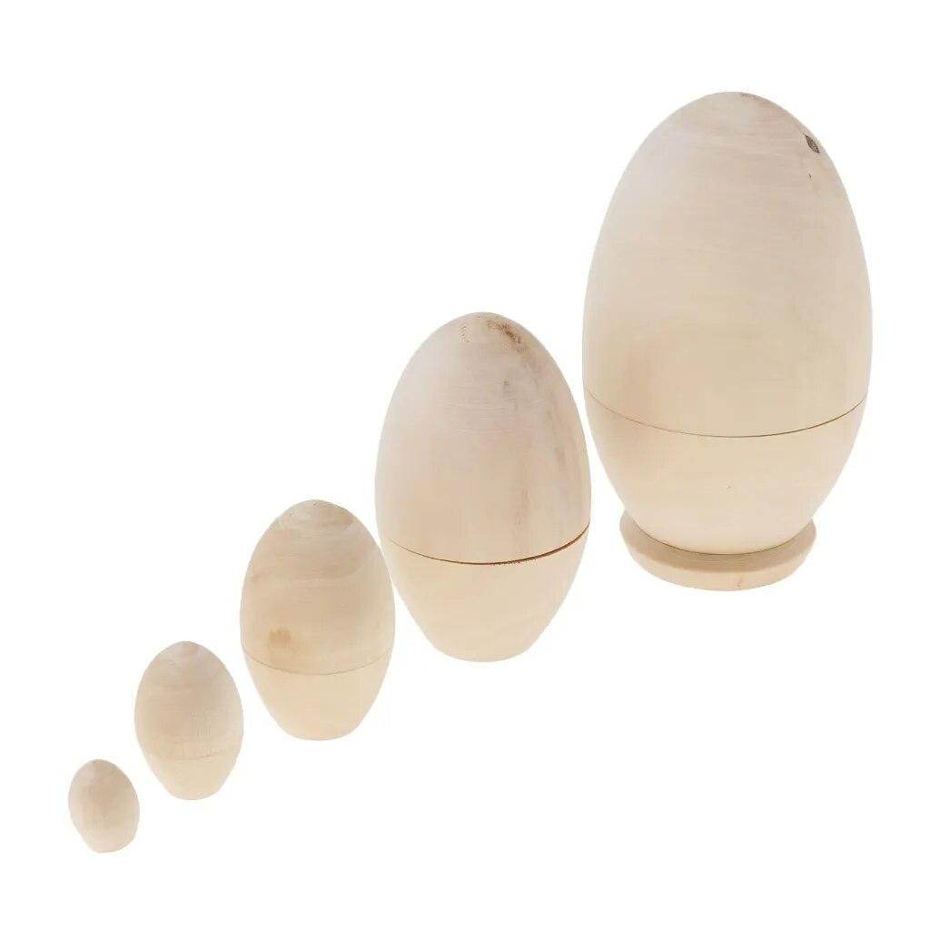 Set of 5 Unpainted Blank Wooden Nesting Dolls (Egg Shaped), DIY Matryoshka Babushka Dolls, 4.53 Inches
