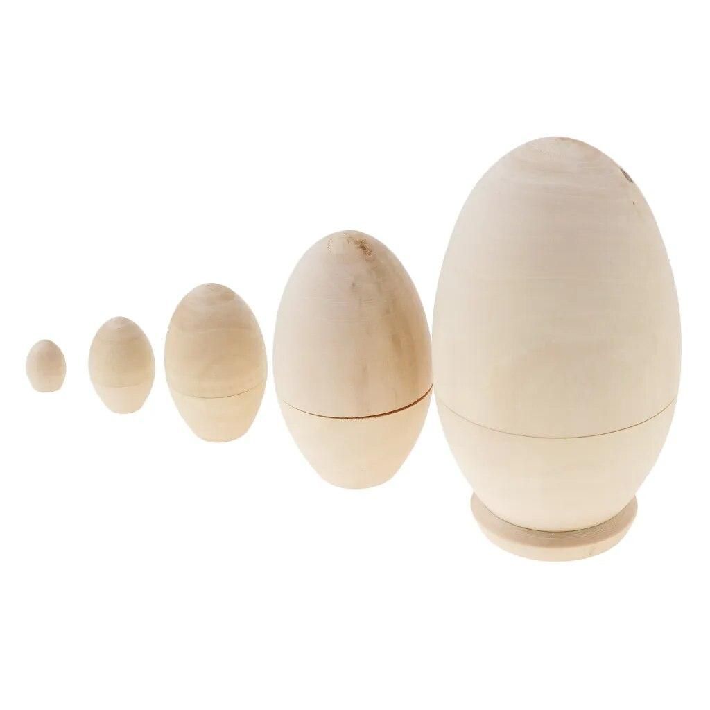 Set of 5 Unpainted Blank Wooden Nesting Dolls (Egg Shaped), DIY Matryoshka Babushka Dolls, 4.53 Inches