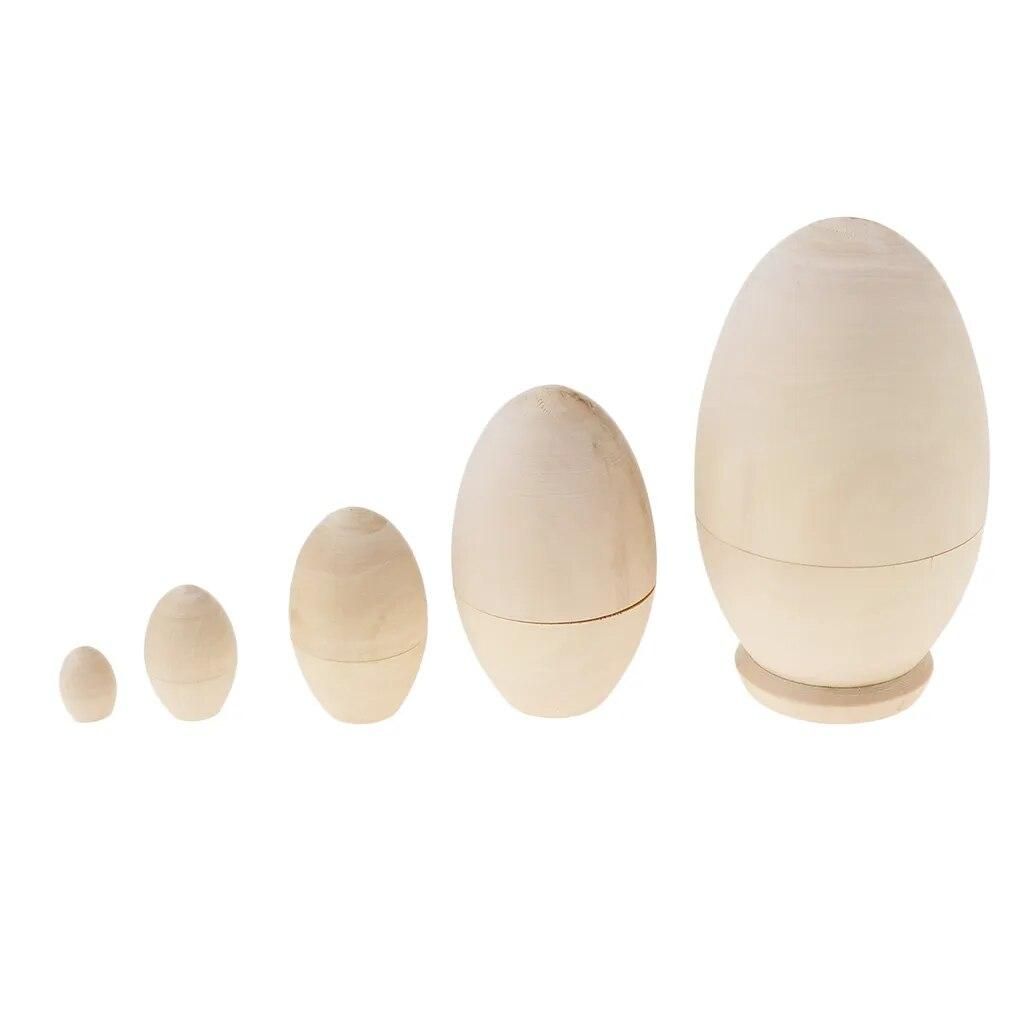 Set of 5 Unpainted Blank Wooden Nesting Dolls (Egg Shaped), DIY Matryoshka Babushka Dolls, 4.53 Inches