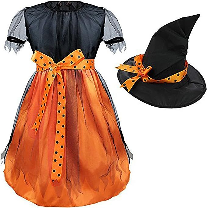 Cute Children Halloween Orange Witch Costume For Girls