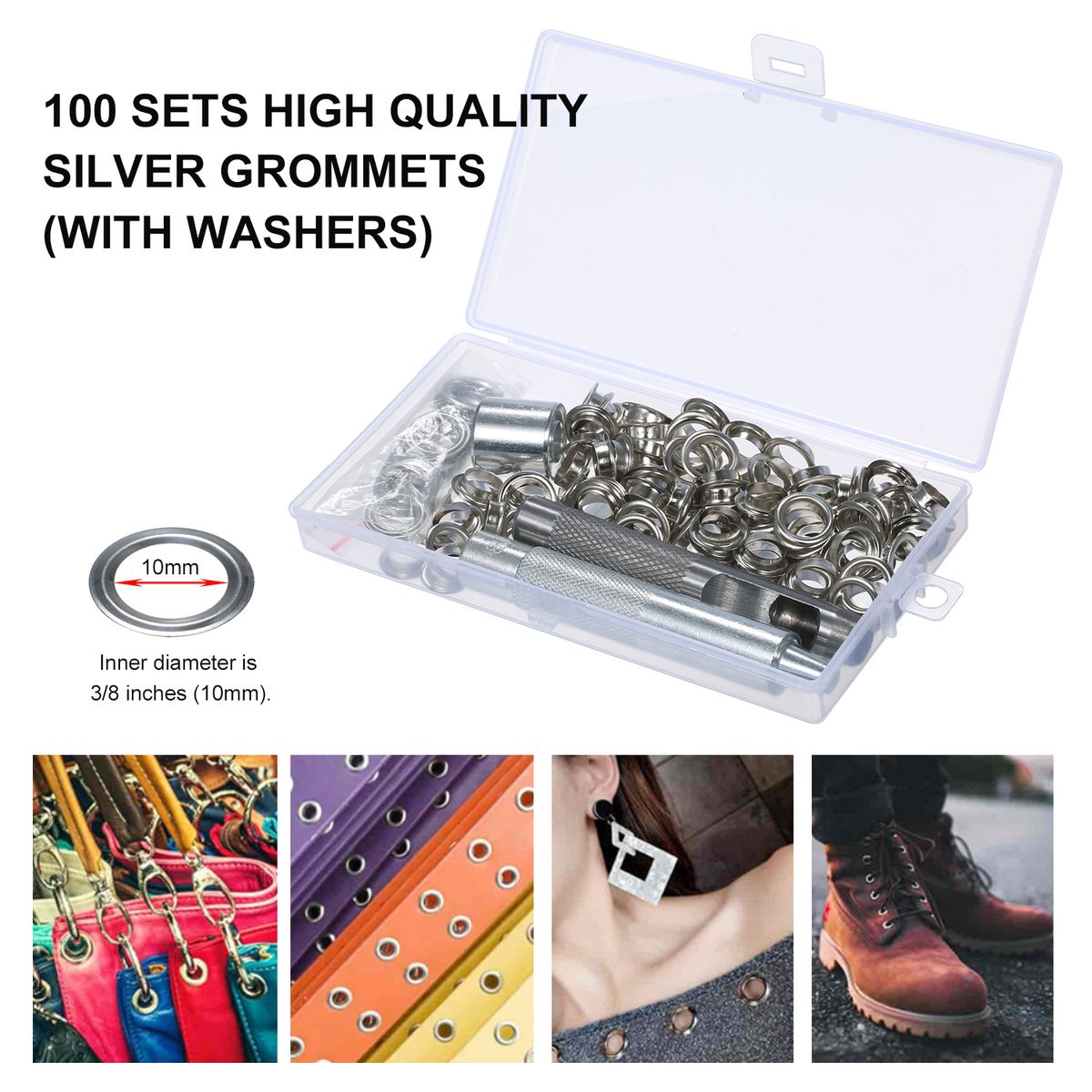 100 Sets 10mm 3/8-inch Grommet Kit Silver Sewing Eyelet Kit