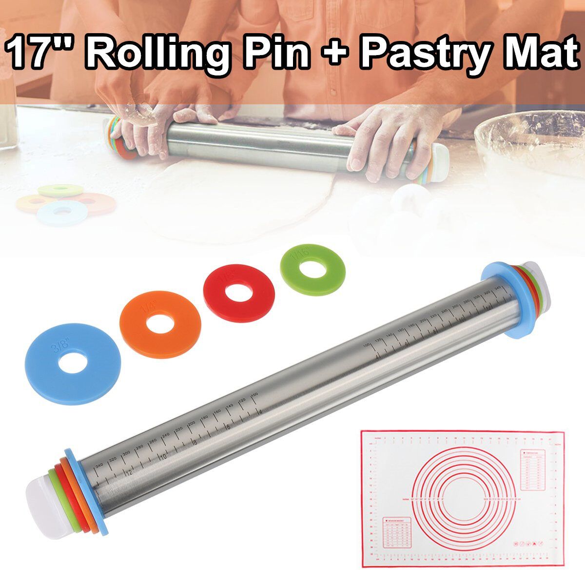 Stainless Steel Adjustable Rolling Pin Thickness Ring Non Stick French Style