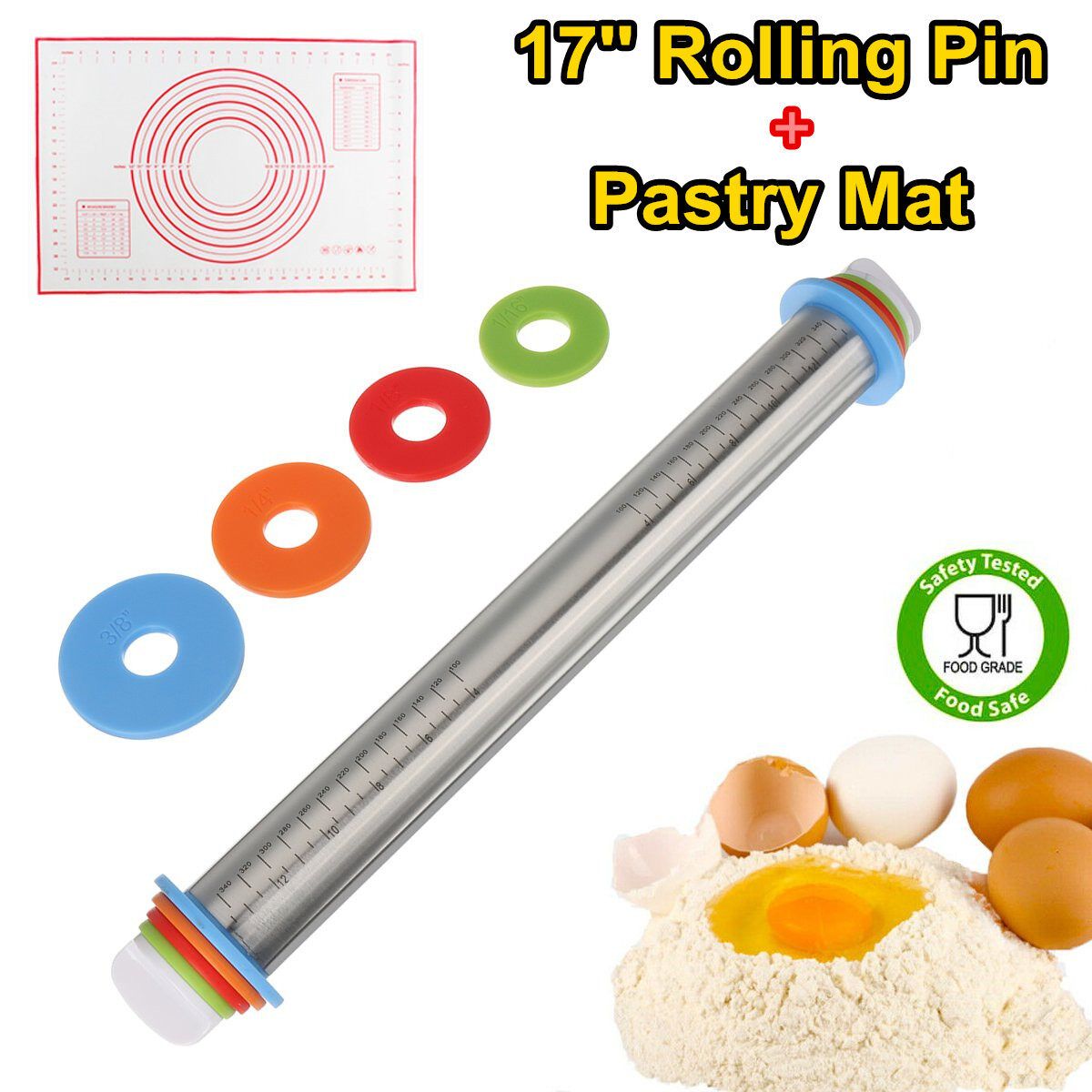Stainless Steel Adjustable Rolling Pin Thickness Ring Non Stick French Style