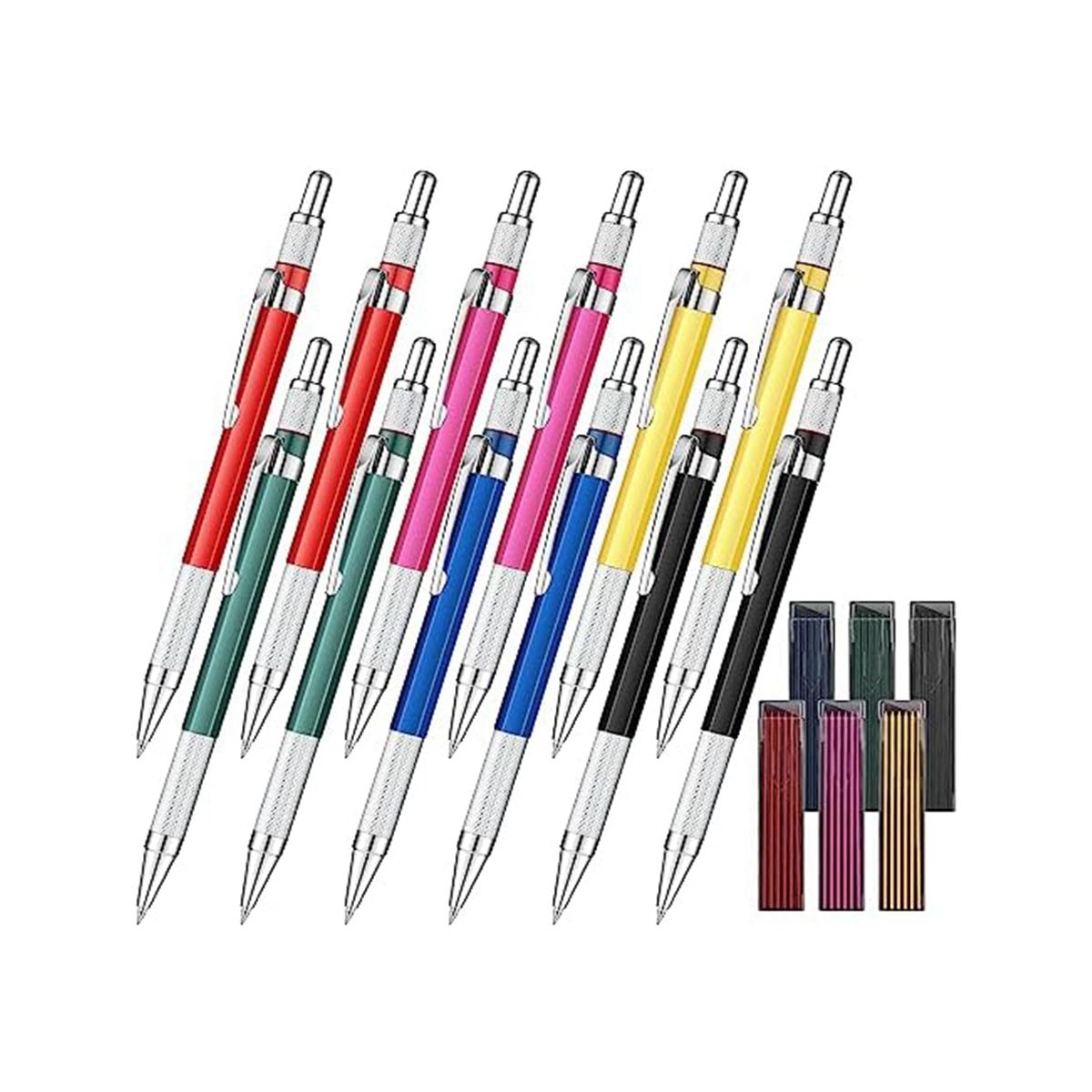 12 Pcs Welders Pencil with 6 Boxes Round Refills Mechanical Pencils Metal Markers for Steel Welding Pen for Tube Pipe