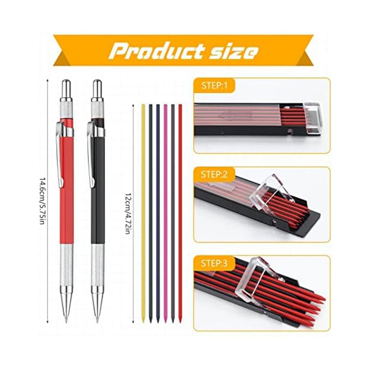 12 Pcs Welders Pencil with 6 Boxes Round Refills Mechanical Pencils Metal Markers for Steel Welding Pen for Tube Pipe