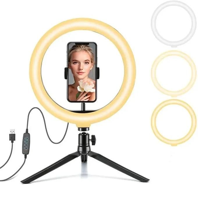 Dimmable 26cm LED selfie ring light with tripod and phone holder for makeup/live streaming