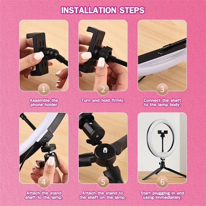 Dimmable 26cm LED selfie ring light with tripod and phone holder for makeup/live streaming