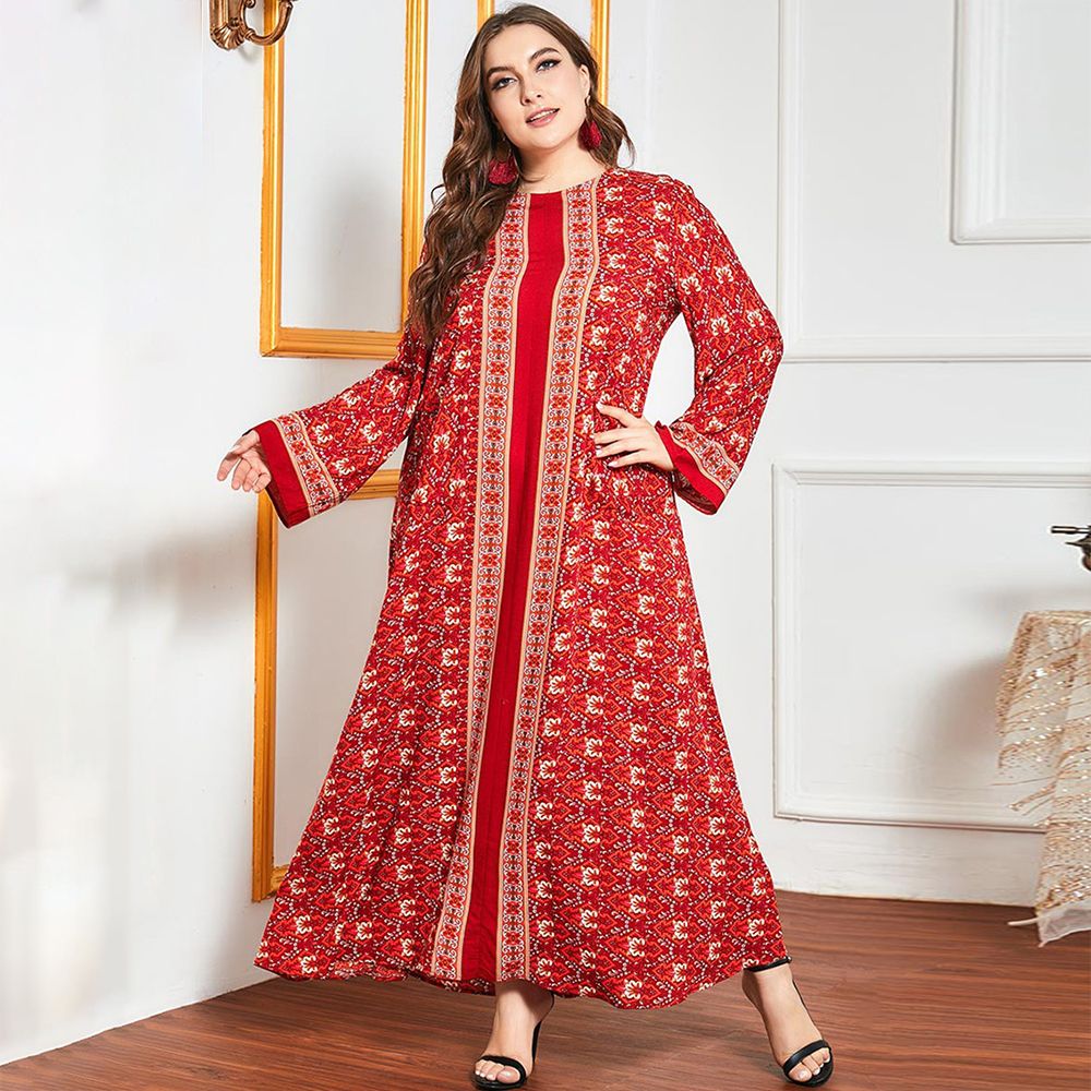 A Long Red Women's Jalabiya With Golden Threads