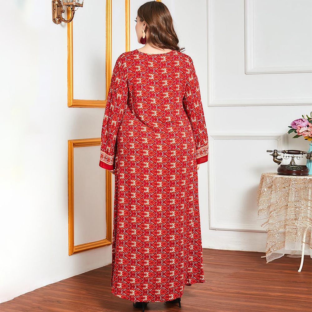 A Long Red Women's Jalabiya With Golden Threads