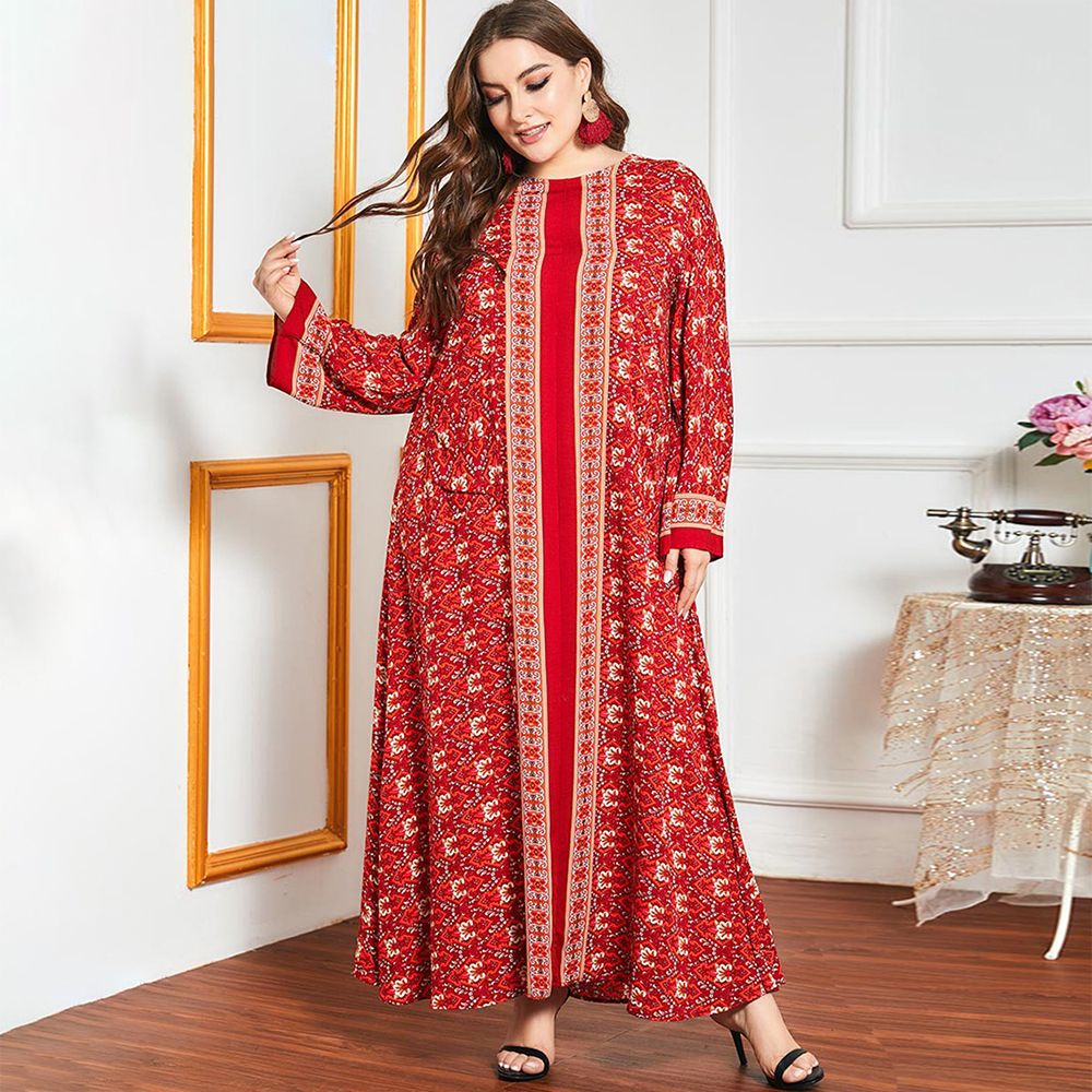 A Long Red Women's Jalabiya With Golden Threads