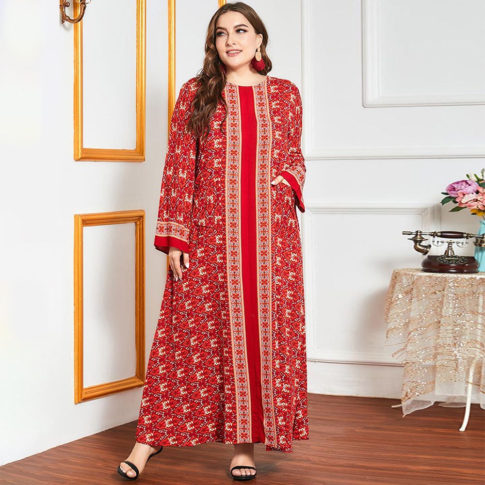A Long Red Women's Jalabiya With Golden Threads