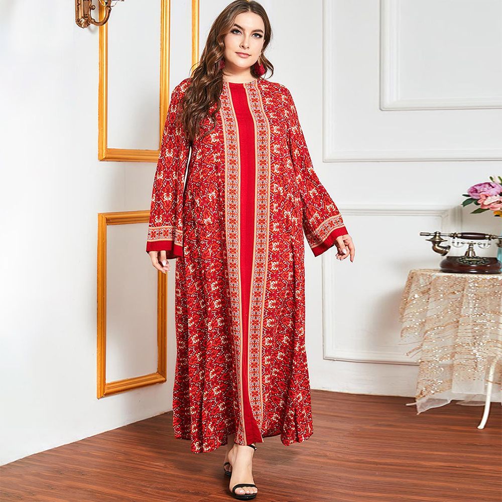 A Long Red Women's Jalabiya With Golden Threads