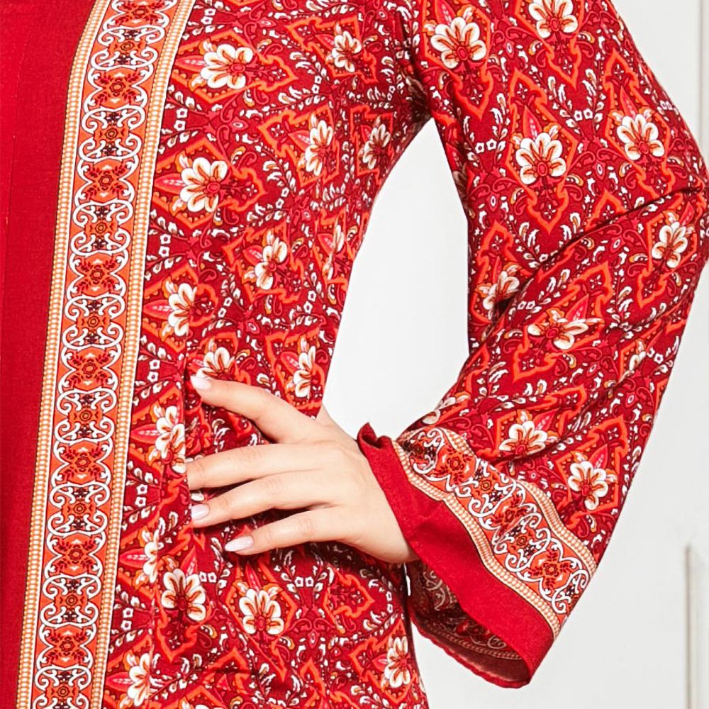 A Long Red Women's Jalabiya With Golden Threads