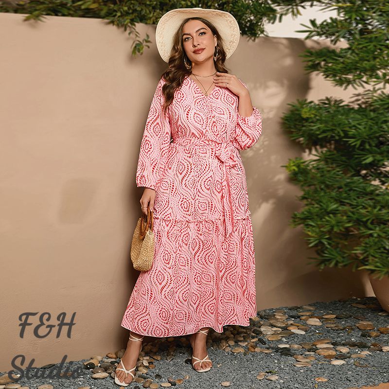 3546 XL-4XL Plus Size Tea Dress V Neck Long Dress Pink