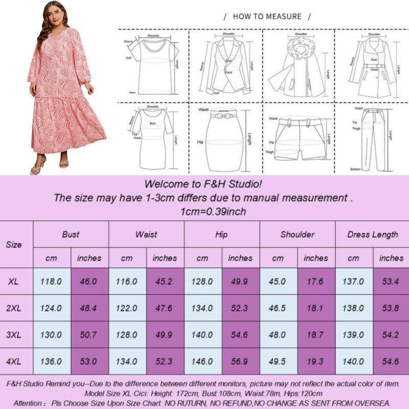 3546 XL-4XL Plus Size Tea Dress V Neck Long Dress Pink