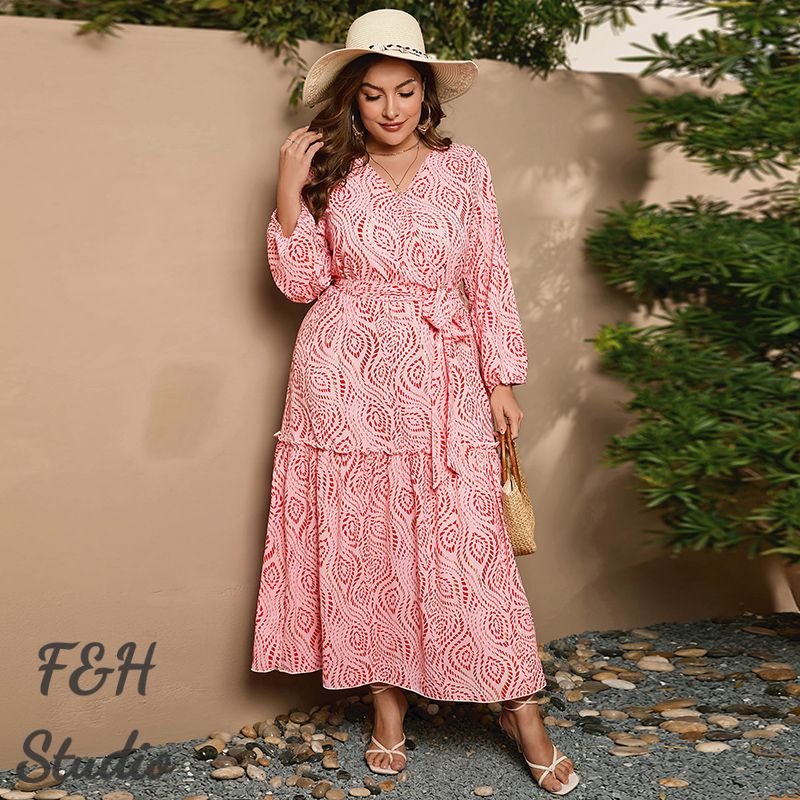 3546 XL-4XL Plus Size Tea Dress V Neck Long Dress Pink