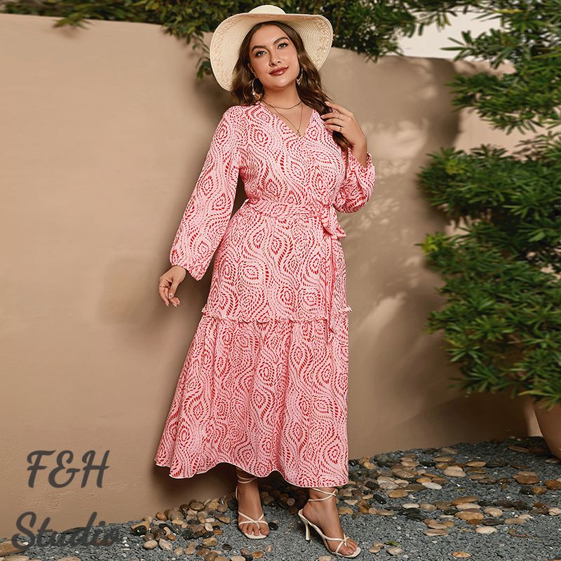 3546 XL-4XL Plus Size Tea Dress V Neck Long Dress Pink