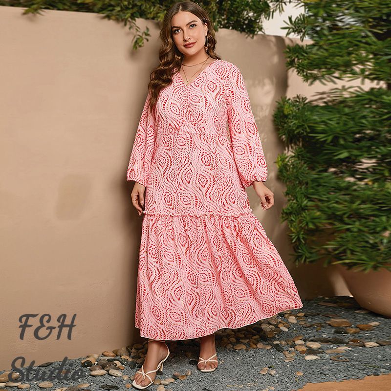 3546 XL-4XL Plus Size Tea Dress V Neck Long Dress Pink