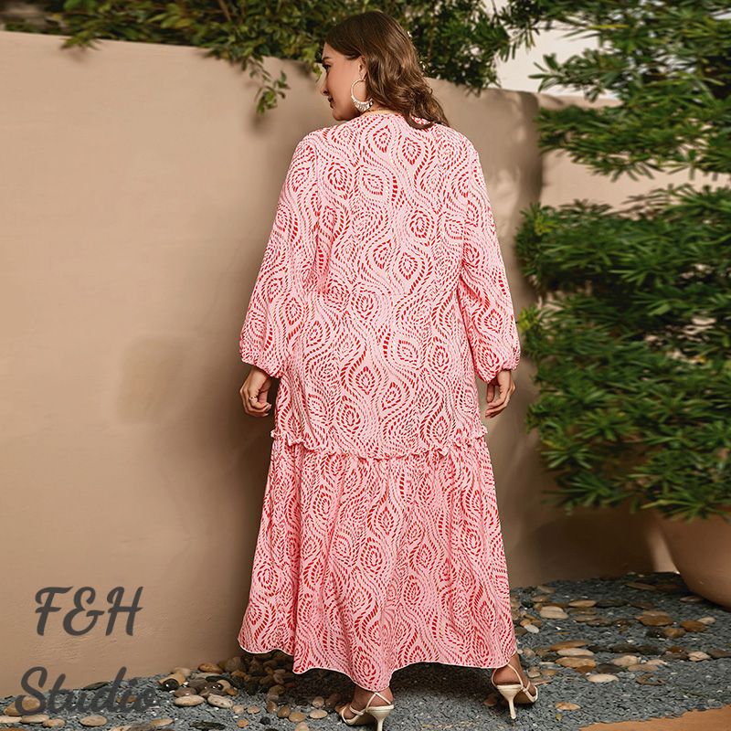 3546 XL-4XL Plus Size Tea Dress V Neck Long Dress Pink