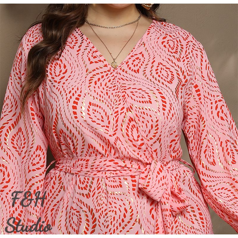 3546 XL-4XL Plus Size Tea Dress V Neck Long Dress Pink