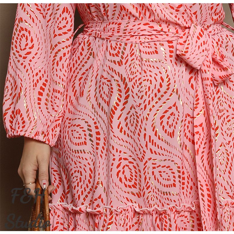 3546 XL-4XL Plus Size Tea Dress V Neck Long Dress Pink
