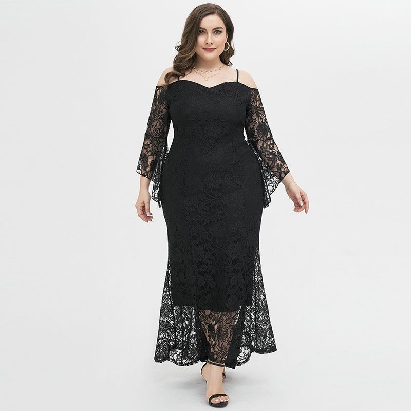 XL-4XL Women Party Dress Heart Neck Lace Long Sleeve Plus Size Gown Black 1922