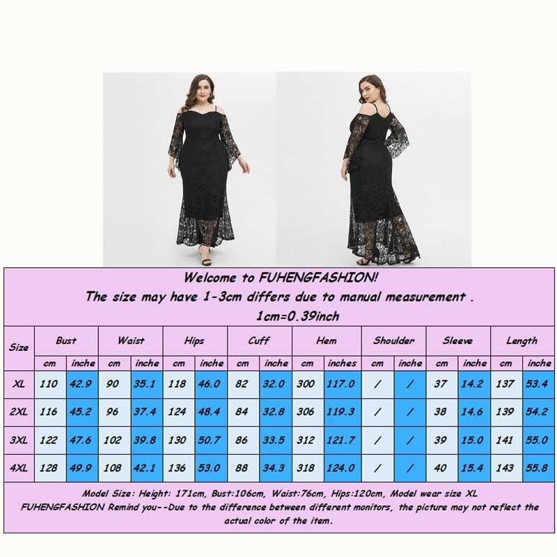XL-4XL Women Party Dress Heart Neck Lace Long Sleeve Plus Size Gown Black 1922