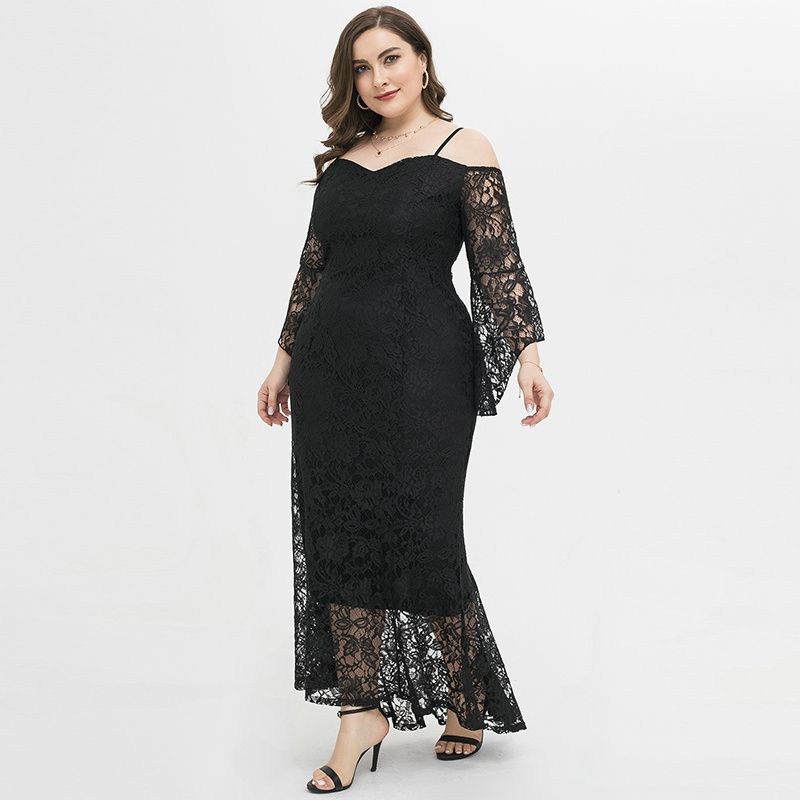 XL-4XL Women Party Dress Heart Neck Lace Long Sleeve Plus Size Gown Black 1922