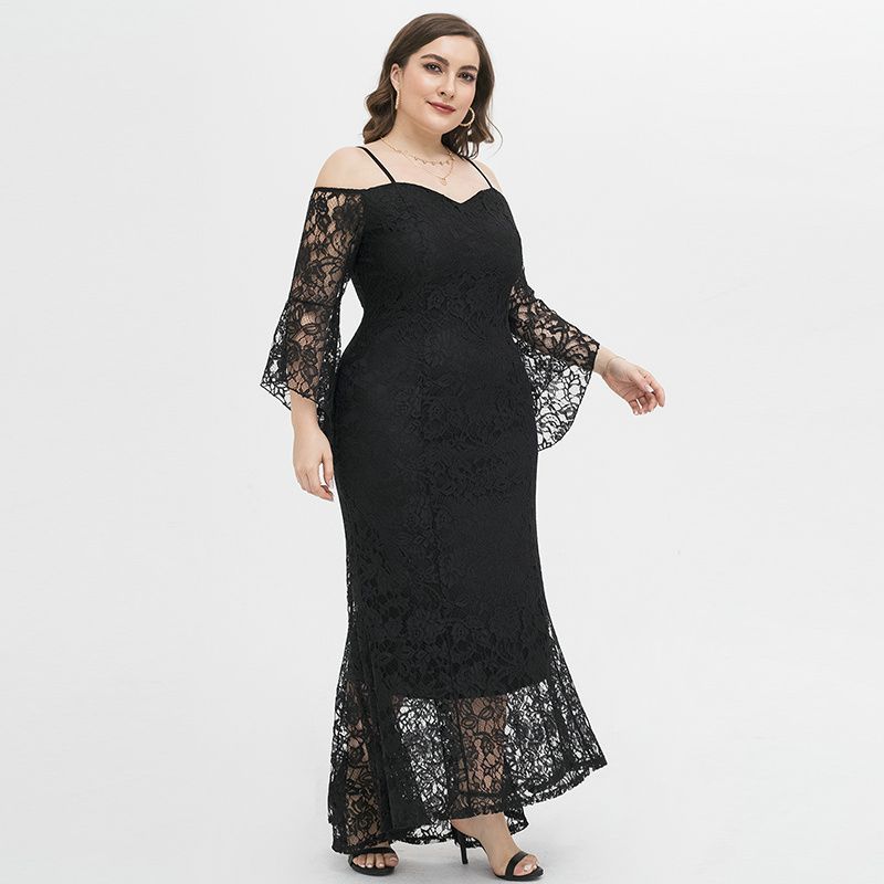 XL-4XL Women Party Dress Heart Neck Lace Long Sleeve Plus Size Gown Black 1922