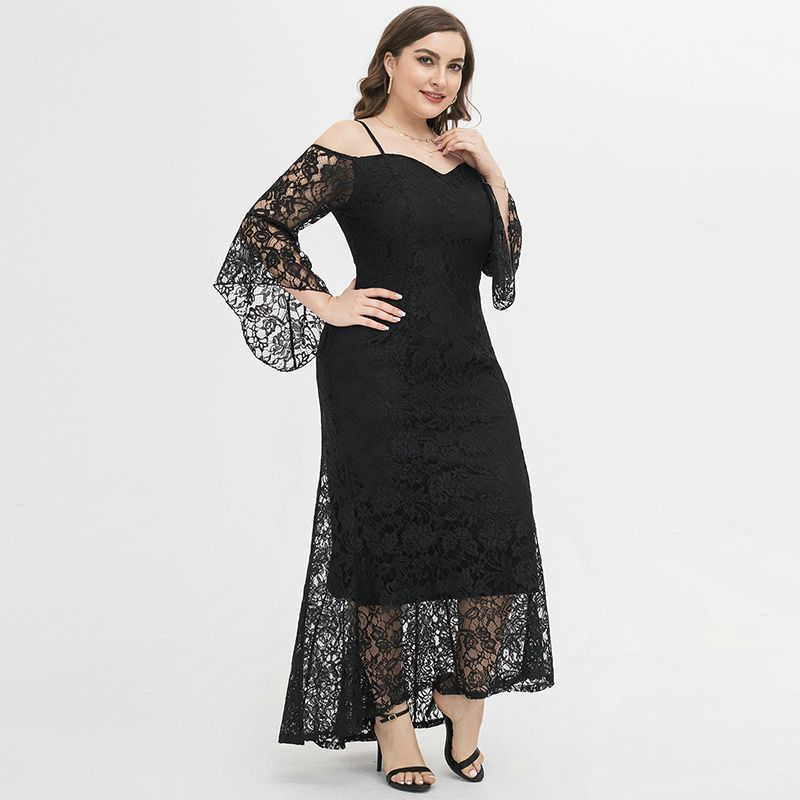 XL-4XL Women Party Dress Heart Neck Lace Long Sleeve Plus Size Gown Black 1922