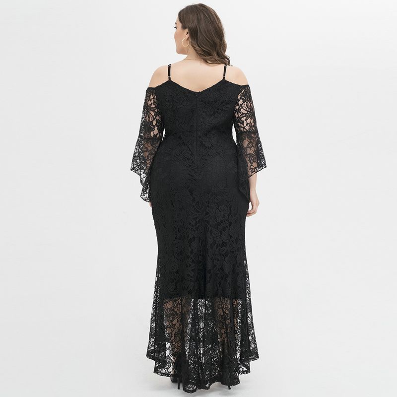 XL-4XL Women Party Dress Heart Neck Lace Long Sleeve Plus Size Gown Black 1922
