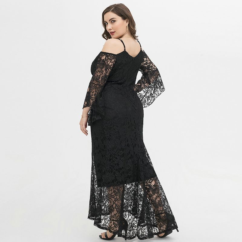 XL-4XL Women Party Dress Heart Neck Lace Long Sleeve Plus Size Gown Black 1922