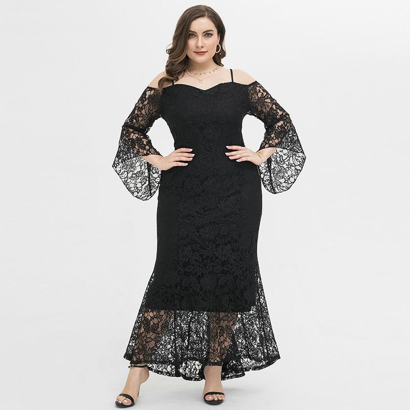 XL-4XL Women Party Dress Heart Neck Lace Long Sleeve Plus Size Gown Black 1922