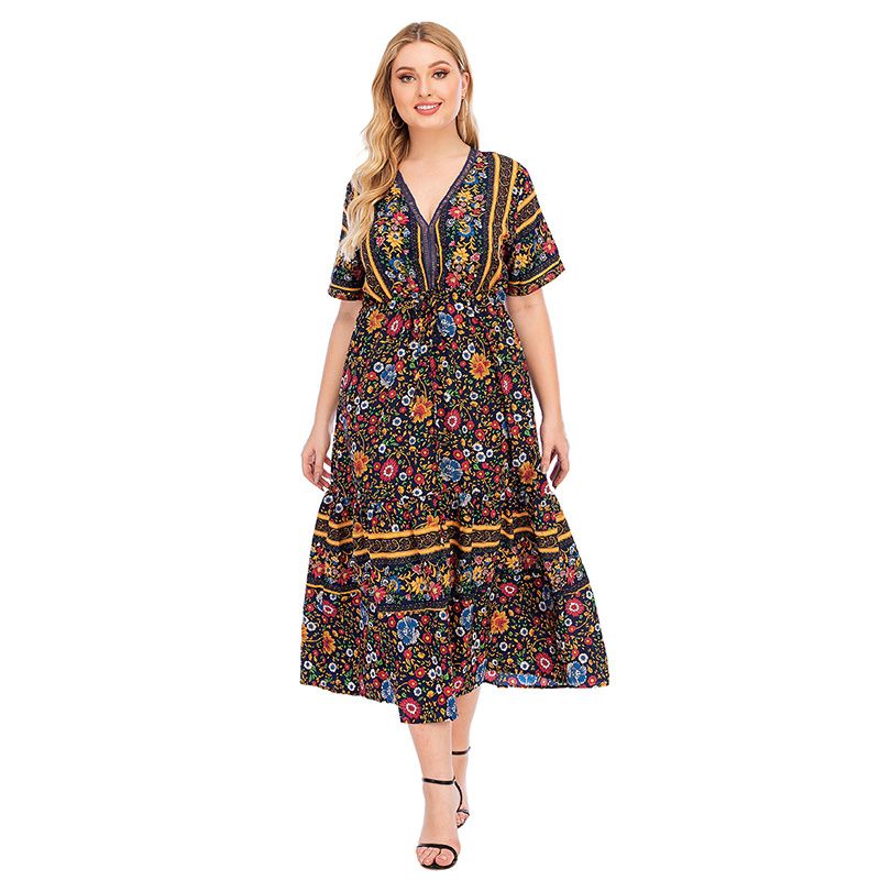 Women Summer Boho V Neck Short Sleeves Drawstring Waist Big Size Dress Brown 2994