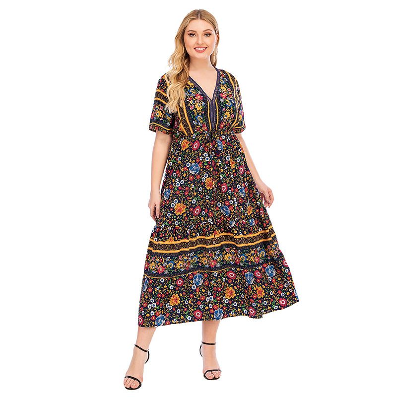 Women Summer Boho V Neck Short Sleeves Drawstring Waist Big Size Dress Brown 2994