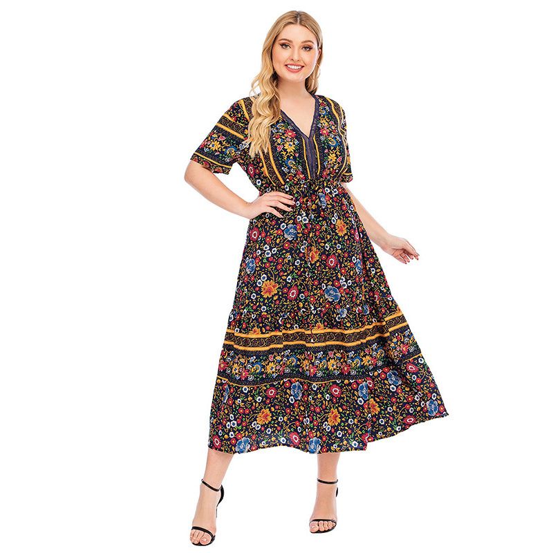Women Summer Boho V Neck Short Sleeves Drawstring Waist Big Size Dress Brown 2994
