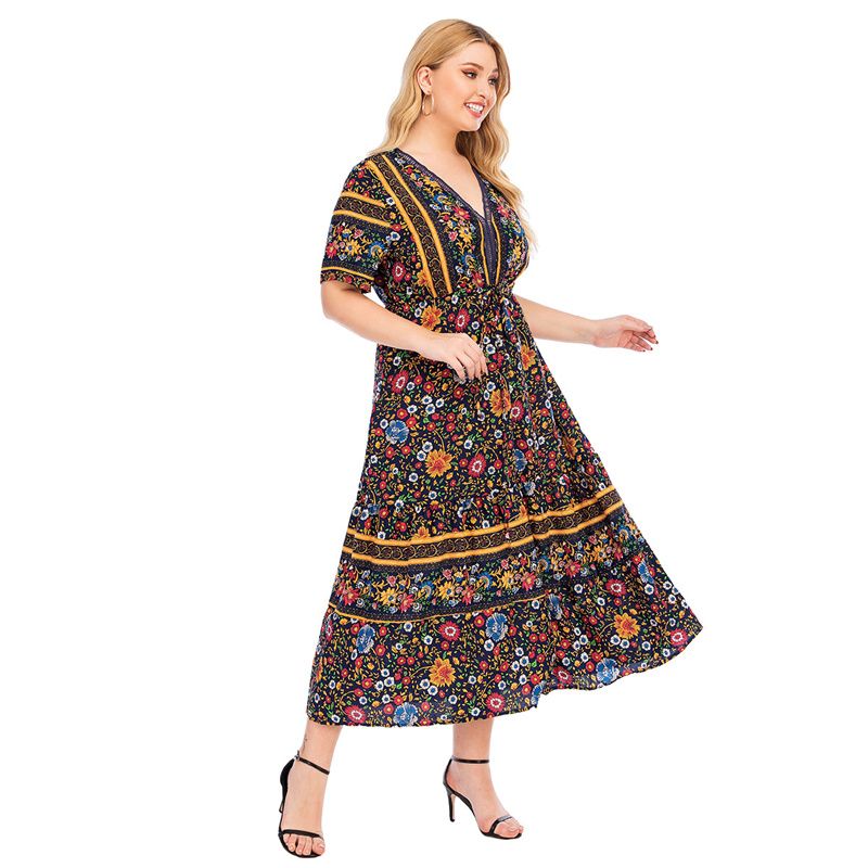 Women Summer Boho V Neck Short Sleeves Drawstring Waist Big Size Dress Brown 2994