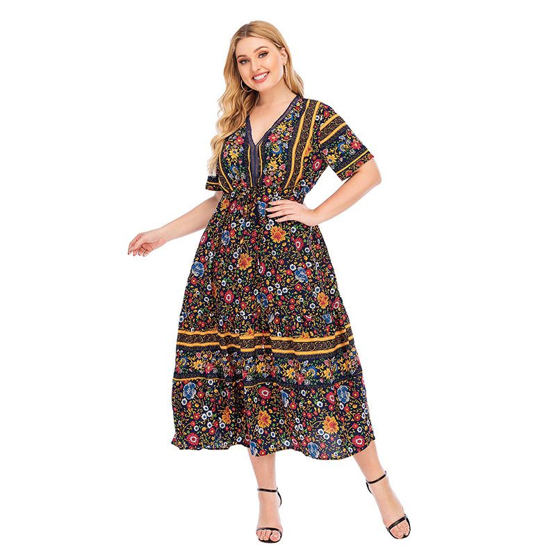 Women Summer Boho V Neck Short Sleeves Drawstring Waist Big Size Dress Brown 2994