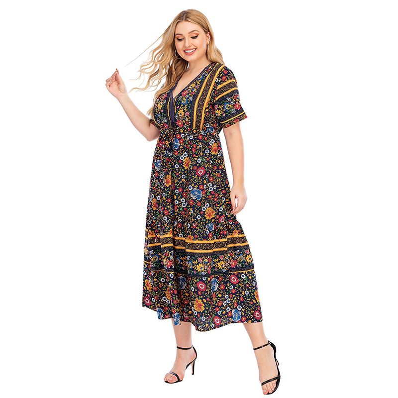 Women Summer Boho V Neck Short Sleeves Drawstring Waist Big Size Dress Brown 2994