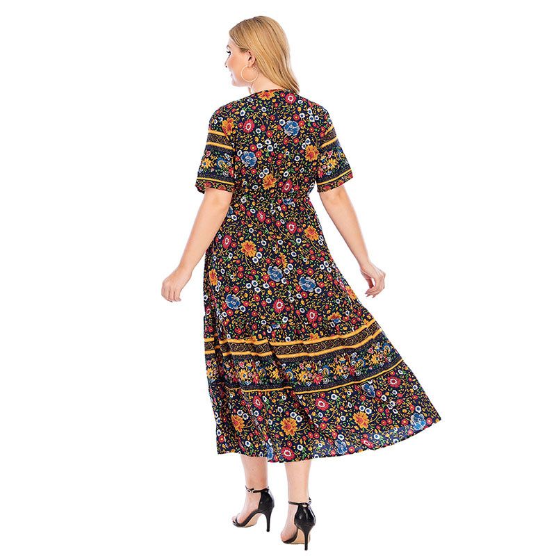 Women Summer Boho V Neck Short Sleeves Drawstring Waist Big Size Dress Brown 2994