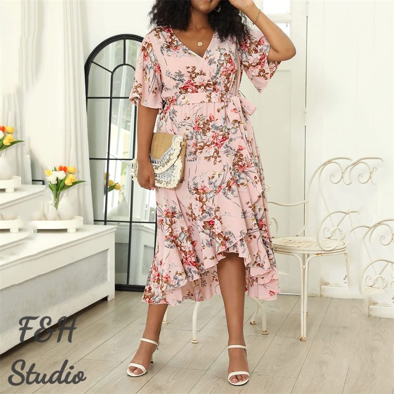 3351 Irregular Plus Size V Neck Dress With Pockets Pink
