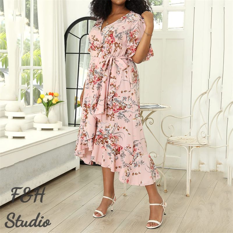 3351 Irregular Plus Size V Neck Dress With Pockets Pink