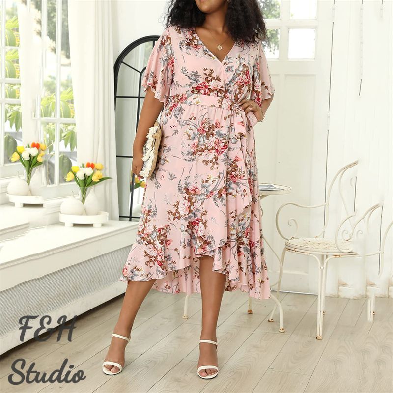 3351 Irregular Plus Size V Neck Dress With Pockets Pink