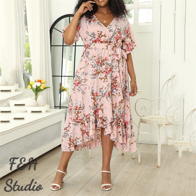3351 Irregular Plus Size V Neck Dress With Pockets Pink