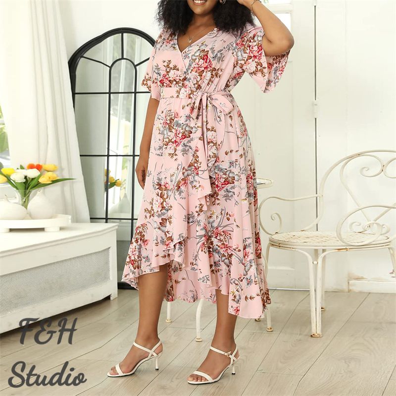 3351 Irregular Plus Size V Neck Dress With Pockets Pink