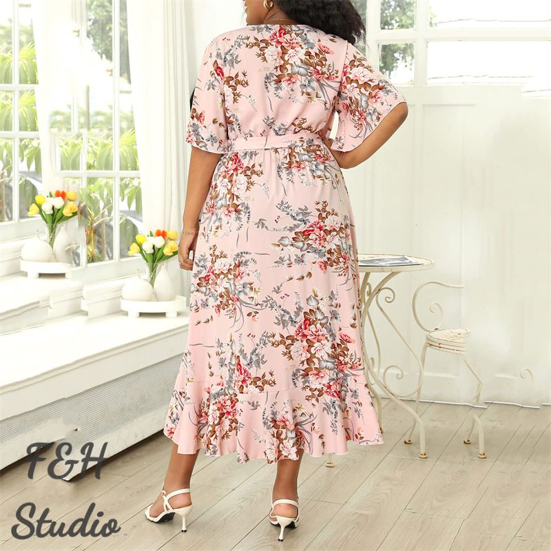 3351 Irregular Plus Size V Neck Dress With Pockets Pink