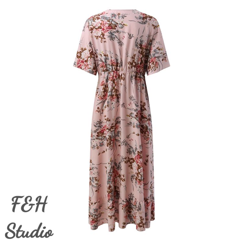 3351 Irregular Plus Size V Neck Dress With Pockets Pink