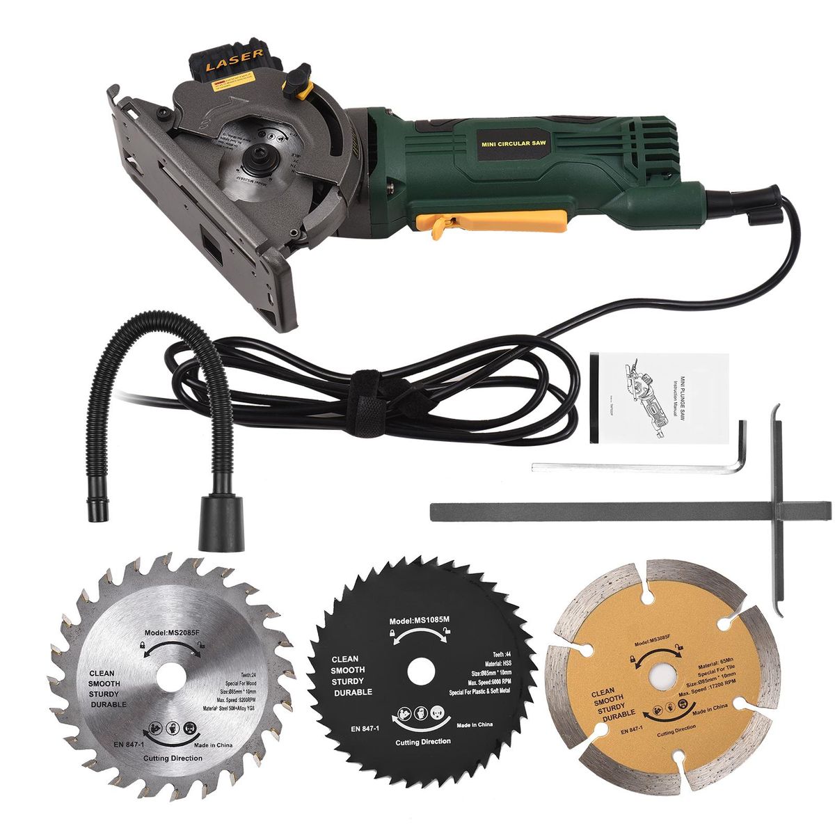 480W 3700RPM Mini Circular Saw Corded 4 Amp Electric Compact Circular Saw with Laser Guide Scale Ruler Vacuum Port 3 Blades for Cutting Wood Tile Plastic Soft Metal